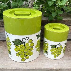 Set of 2 Retro Avocado Green Metal Kitchen Canisters With Grape Motif
